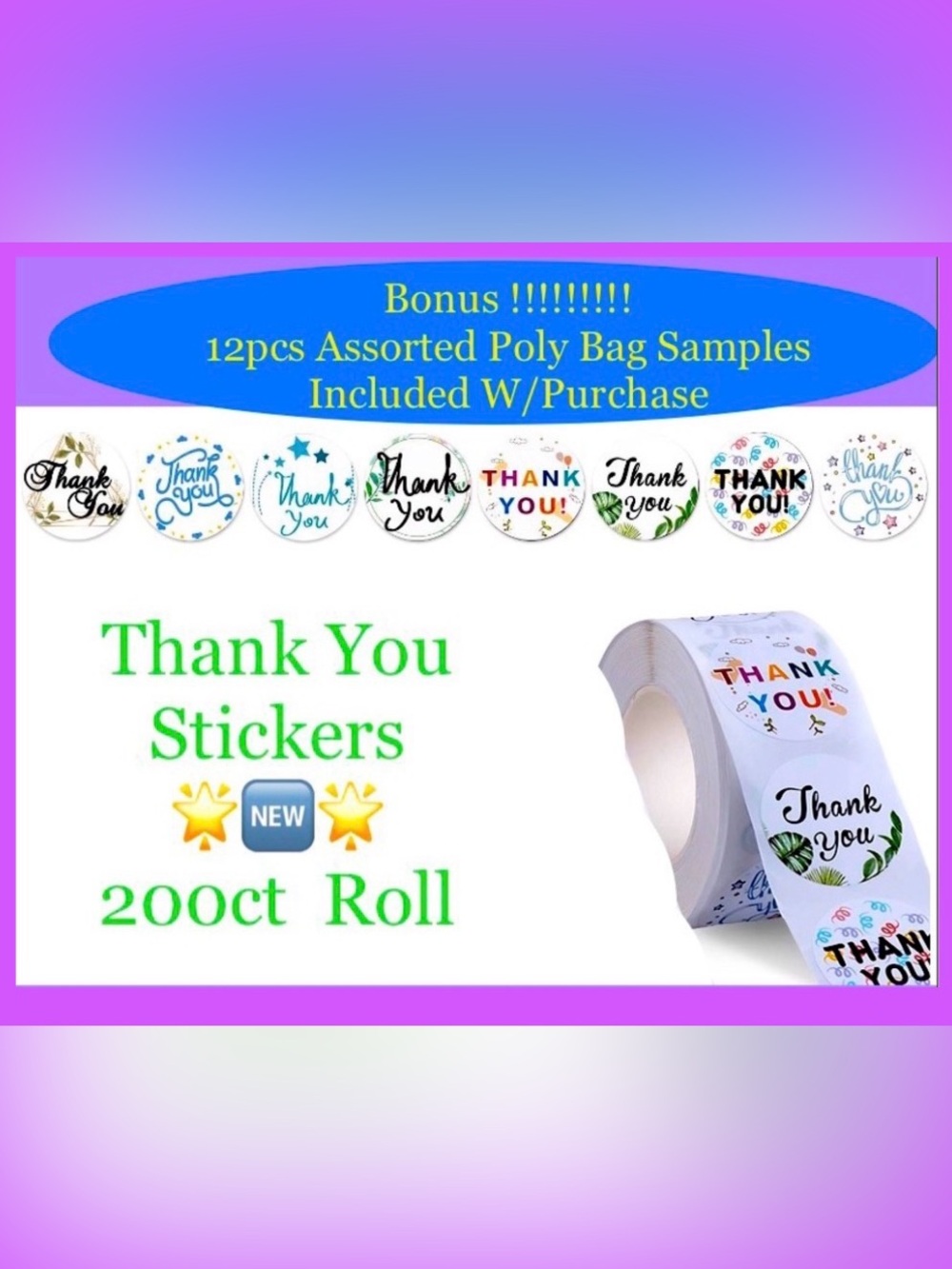 200ct~Thank you Stickers W/Bonus Bags 🌟🆕🌟  (2 Rolls For $20)